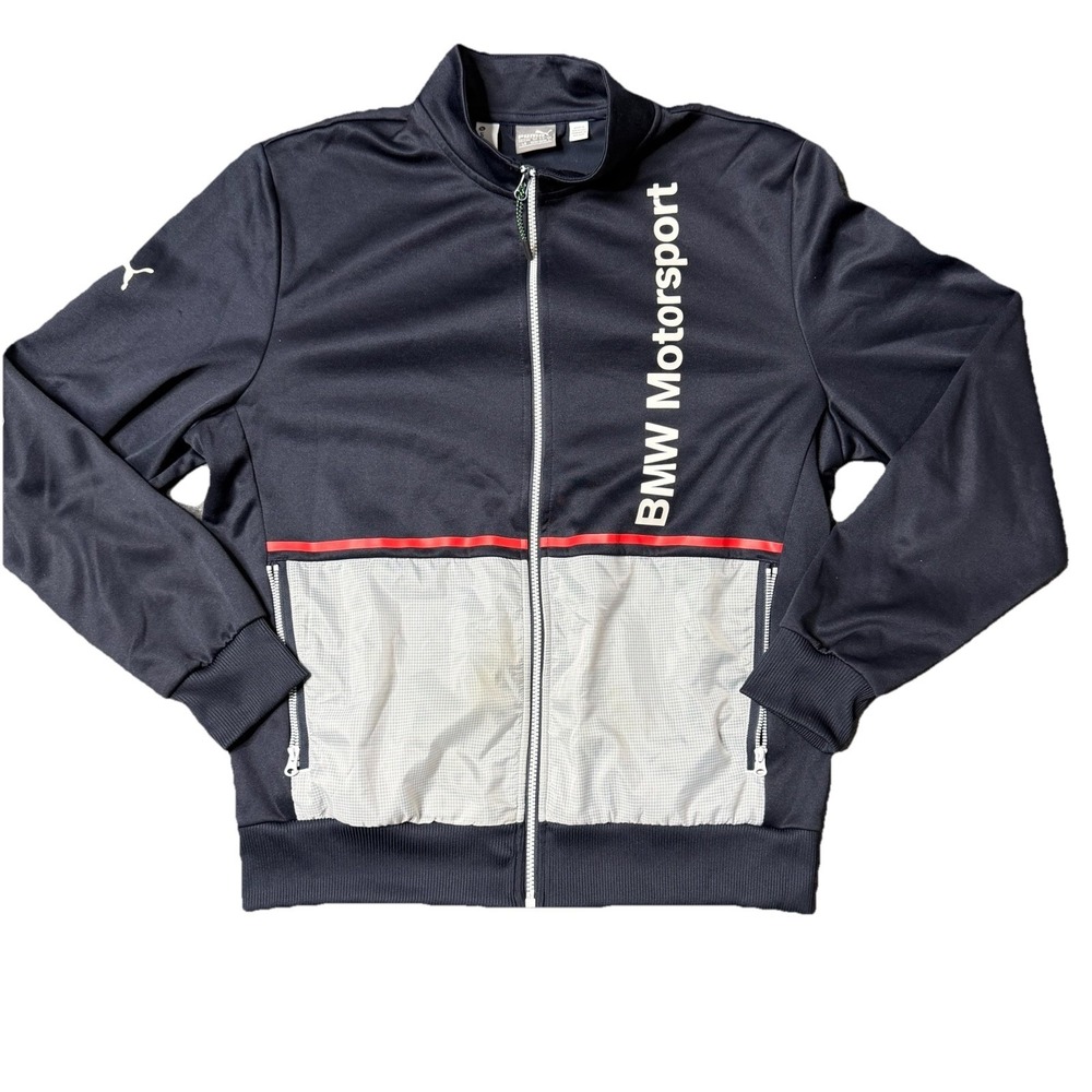 PUMA BMW L Motorsport full-zip track jacket in black with grey‎ and red accents.